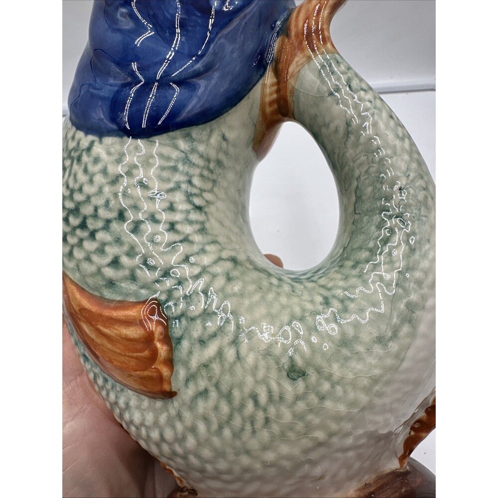 Secla Portugal Majolica Colorful Gluggle Jug Pitcher Gurgling Carp Fish 9" - Picture 8 of 8
